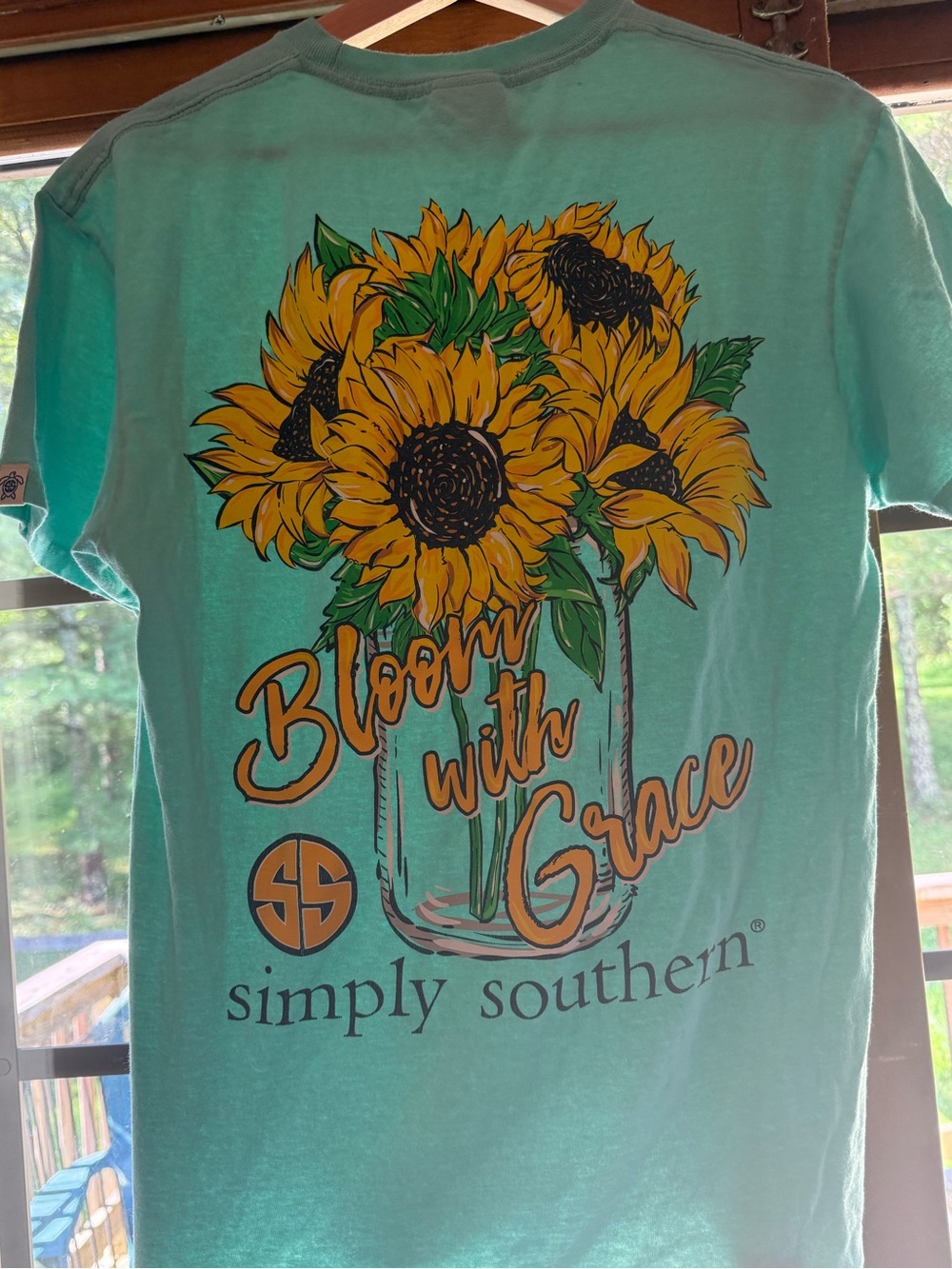 Simply Southern "Bloom with Grace" Sunflower Teal T-Shirt, Womenโs Size Medium